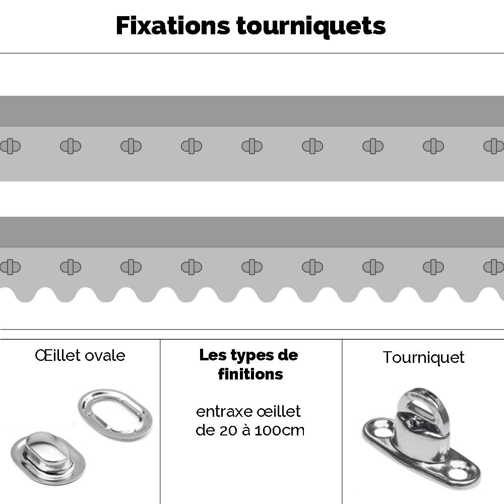 bâche tonnelle fixation avec oeillets ovales et tourniquets